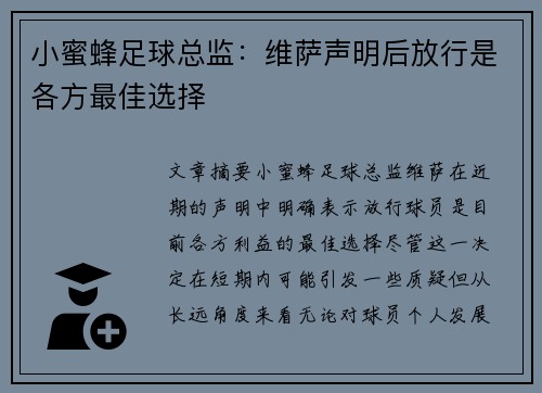 小蜜蜂足球总监:维萨声明后放行是各方最佳选择